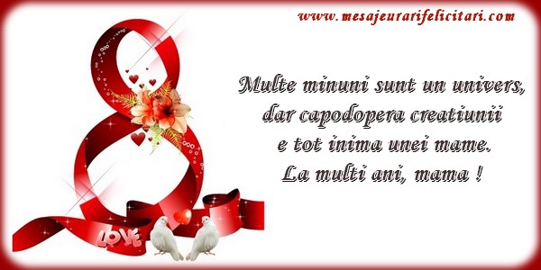 Multe minuni sunt un univers, dar capodopera creatiunii  e tot inima unei mame. La multi ani, mama !