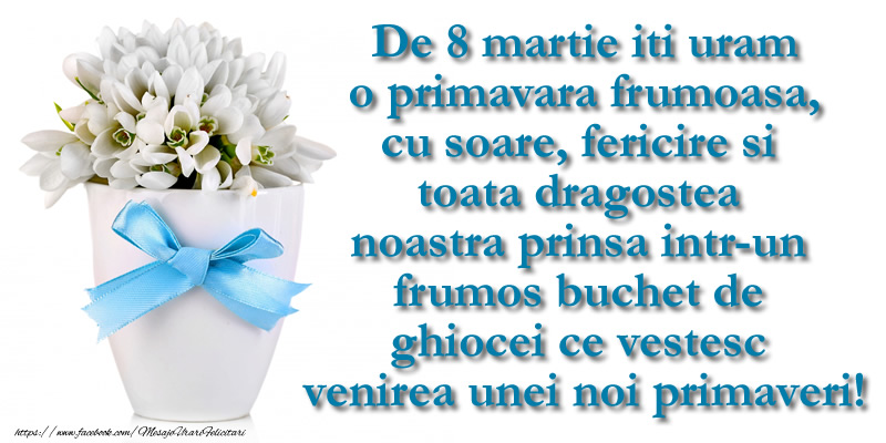 De 8 martie iti uram o primavara frumoasa, cu soare, fericire si toata dragostea noastra prinsa intr-un frumos buchet de ghiocei ce vestesc venirea unei noi primaveri!