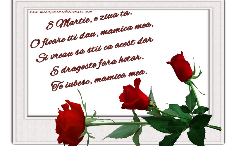 8 Martie, e ziua ta. O floare iti dau, mamica mea, Si vreau sa stii ca acest dar E dragoste fara hotar. Te iubesc, mamica mea.