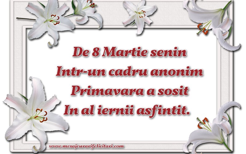 De 8 Martie senin Intr-un cadru anonim Primavara a sosit In al iernii asfintit.