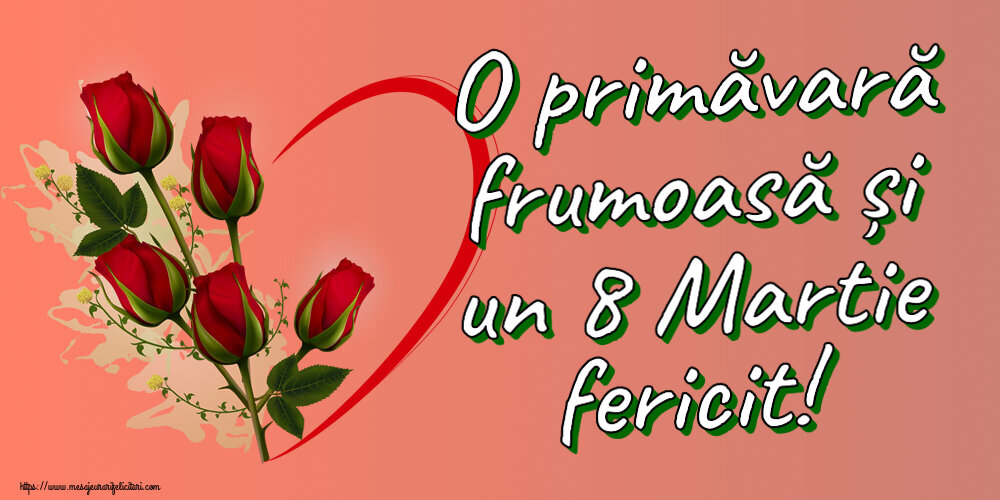 Felicitari de 8 Martie - ❤️❤️❤️ O primăvară frumoasă și un 8 Martie fericit! ~ 5 trandafiri roșii cu inimioară - mesajeurarifelicitari.com