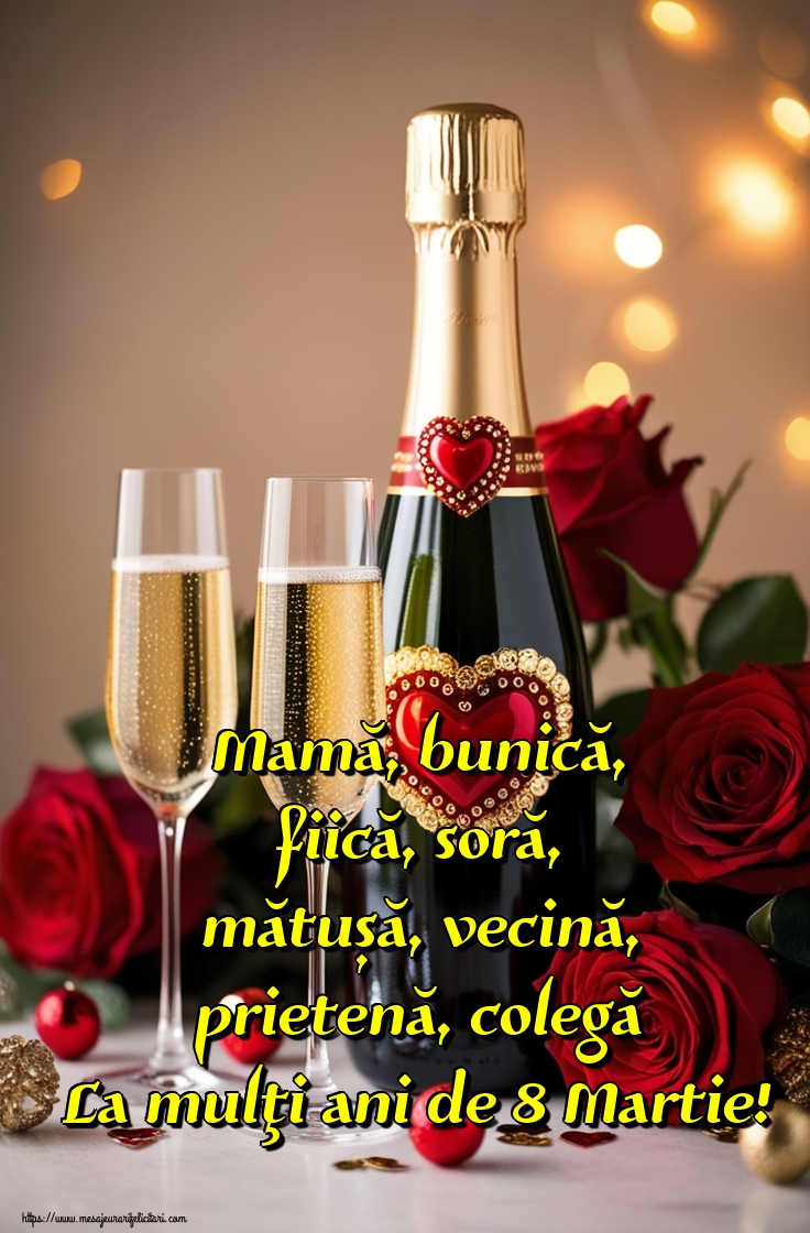 Mamă, bunică, fiică, soră, mătușă, vecină, prietenă, colegă La mulţi ani de 8 Martie!