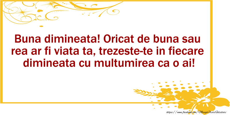 Buna dimineata! Oricat de buna sau rea ar fi viata ta, trezeste-te in fiecare dimineata cu multumirea ca o ai!