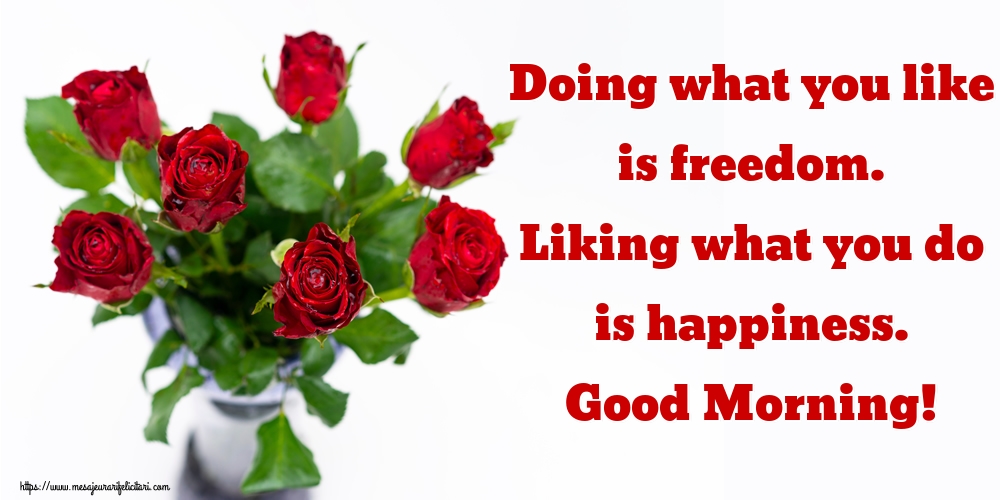 Buna dimineata Doing what you like is freedom. Liking what you do is happiness. Good Morning!