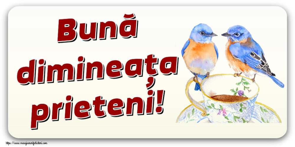 Descarca felicitarea - Felicitari de buna dimineata - ☕ Bună dimineața prieteni! ~ cană de cafea cu pasărele - mesajeurarifelicitari.com