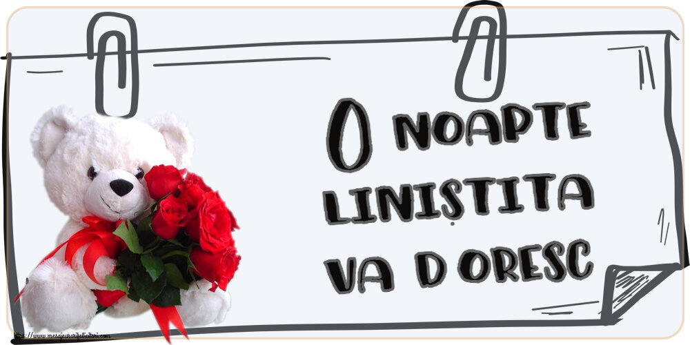 Felicitari de buna seara - O noapte linistita va doresc! ~ ursulet alb cu trandafiri rosii - mesajeurarifelicitari.com