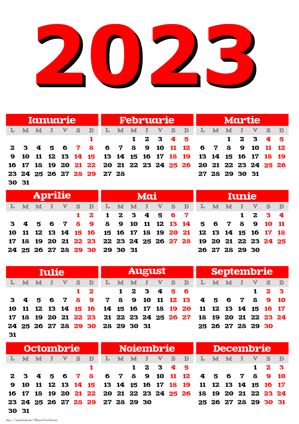 Imagini cu calendare - Calendar 2023 - Clasic Rosu - Model 0014 - mesajeurarifelicitari.com