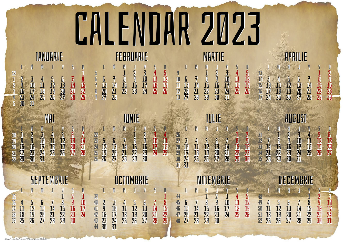 Imagini cu calendare - Calendar 2023 - Winter Vintage - Model 0052 - mesajeurarifelicitari.com