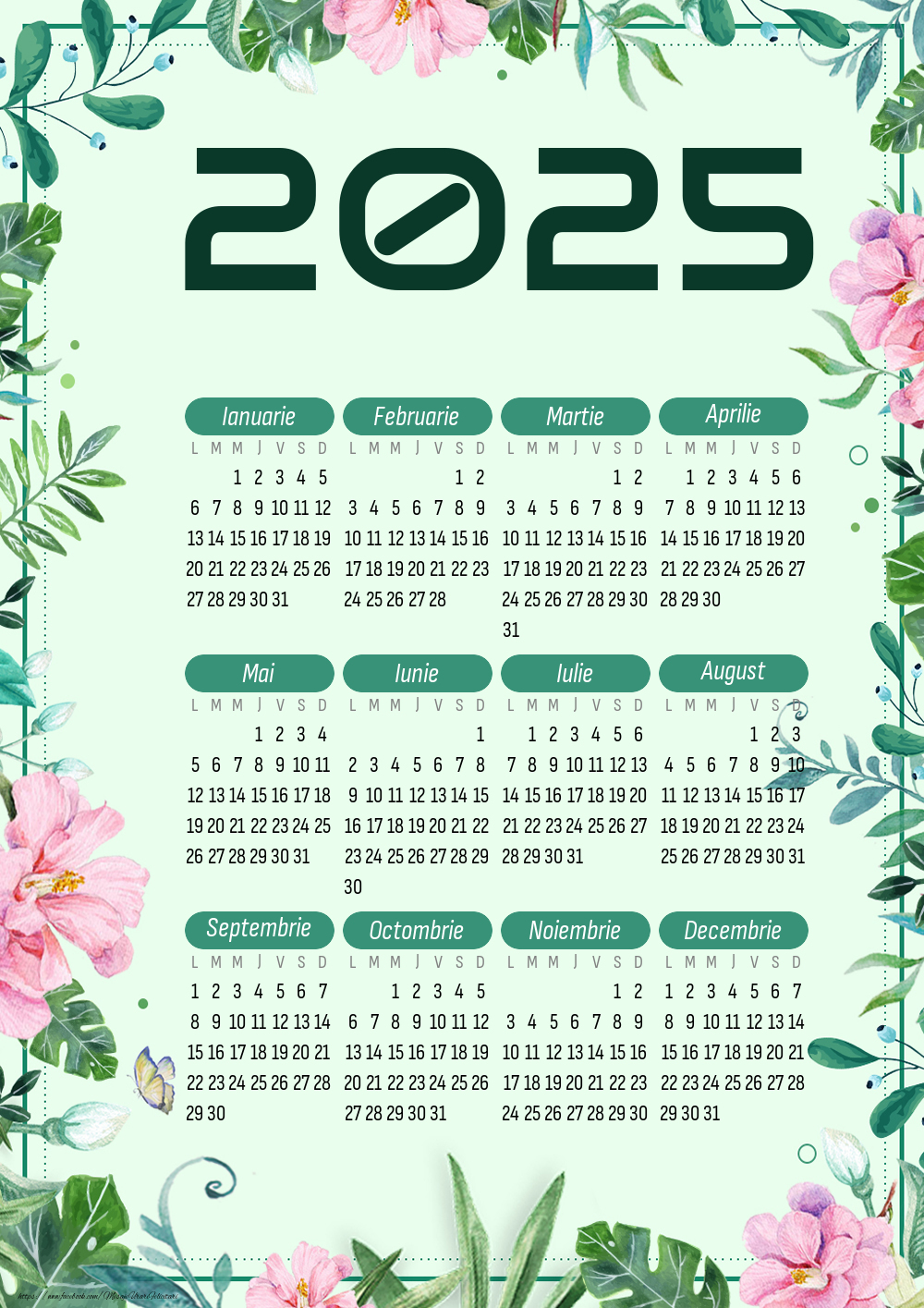 Imagini cu calendare - Calendar 2025 - Flori și fluturi - Model 00131 - mesajeurarifelicitari.com