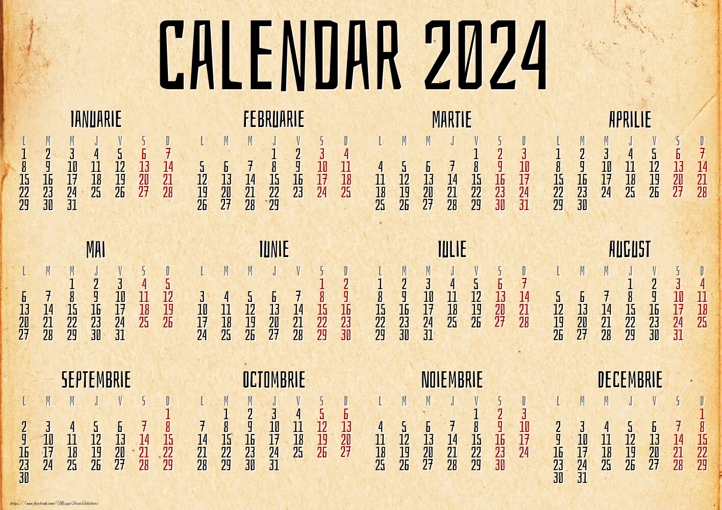 Imagini cu calendare - Calendar 2024 - Vintage Paper - Model 00103 - mesajeurarifelicitari.com