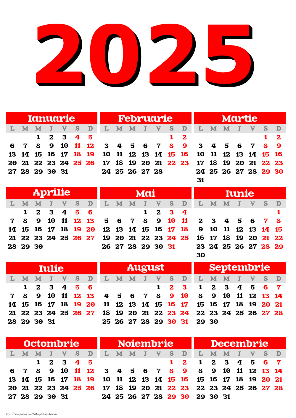 Imagini cu calendare - Calendar 2025 - Clasic Rosu - Model 0014 - mesajeurarifelicitari.com