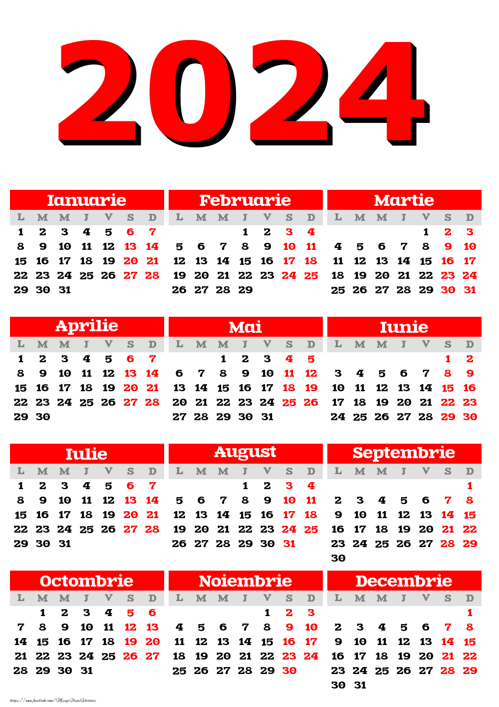 Imagini cu calendare - Calendar 2024 - Clasic Rosu - Model 00114 - mesajeurarifelicitari.com