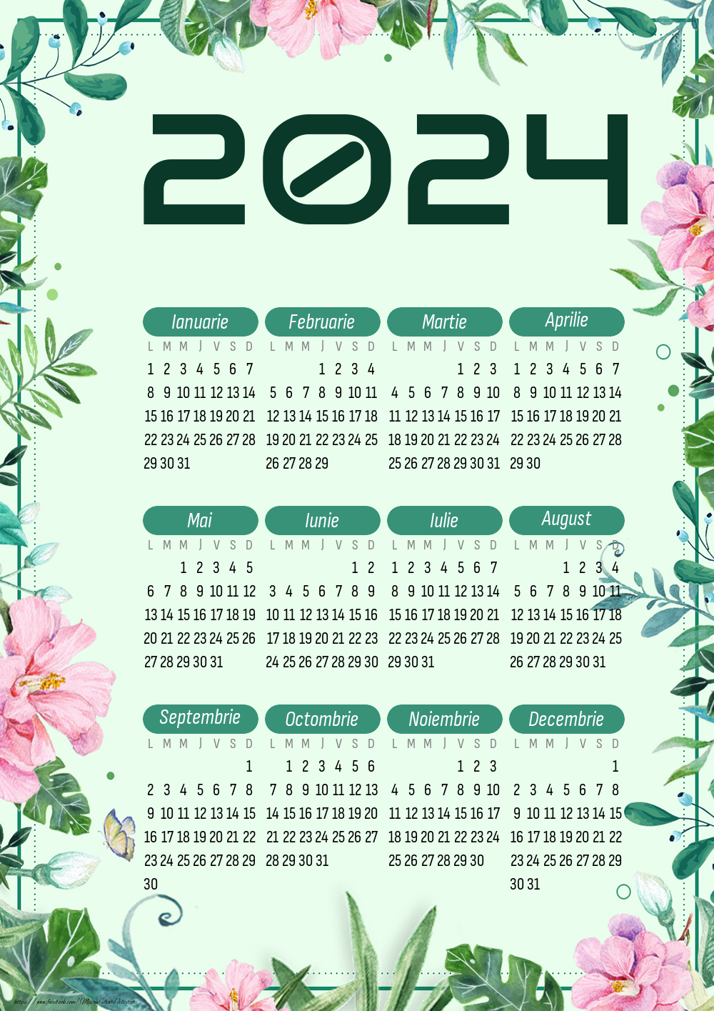 Imagini cu calendare - Calendar 2024 - Flori și fluturi - Model 00131 - mesajeurarifelicitari.com