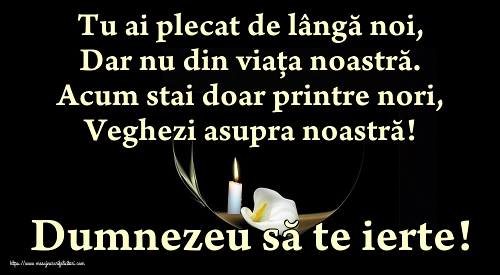 Tu ai plecat de lângă noi, Dar nu din viața noastră. Acum stai doar printre nori, Veghezi asupra noastră! Dumnezeu să te ierte!