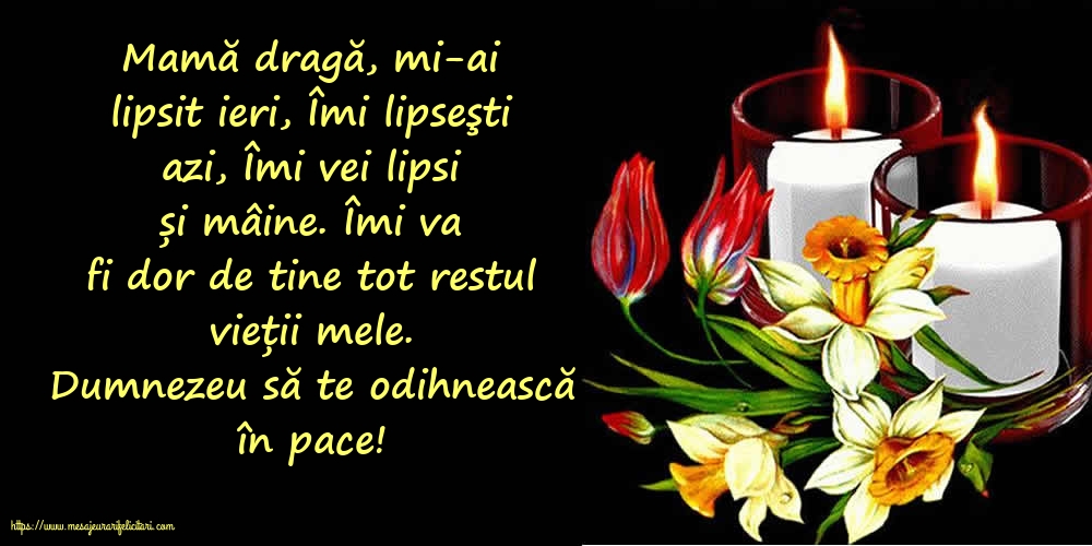 Comemorare Dumnezeu să te odihnească în pace! Mamă dragă, îmi va fi dor de tine tot restul vieții mele