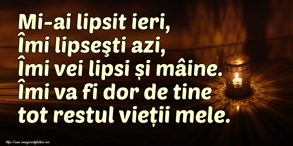 Mi-ai lipsit ieri, Îmi lipseşti azi, Îmi vei lipsi și mâine. Îmi va fi dor de tine tot restul vieții mele.