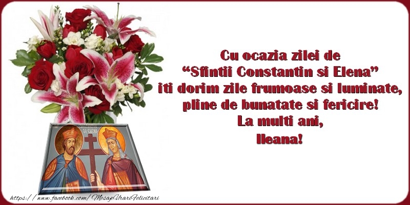 Cu ocazia zilei de “Sfinţii Constantin si Elena” iti dorim zile frumoase si luminate, pline de bunatate si fericire!La multi ani, Ileana!