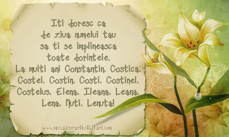 Iti doresc ca de ziua numelui tau sa ti se implineasca toate dorintele. La mulţi ani Constantin, Costică, Costel, Costin, Costi, Costinel, Costelus, Elena, Ileana, Leana, Lena, Nuti, Lenuta!