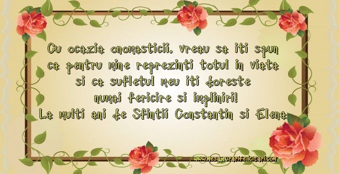 Cu ocazia onomasticii, vreau sa iti spun ca pentru mine reprezinti totul in viata si ca sufletul meu iti doreste  numai fericire si impliniri! La multi ani de Sfintii Constantin si Elena
