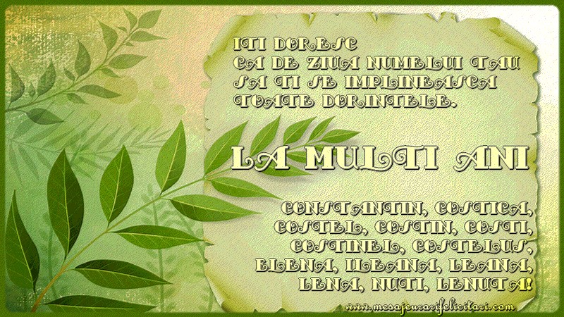 La mulţi ani Constantin, Costică, Costel, Costin, Costi, Costinel, Costelus, Elena, Ileana, Leana, Lena, Nuti, Lenuta!