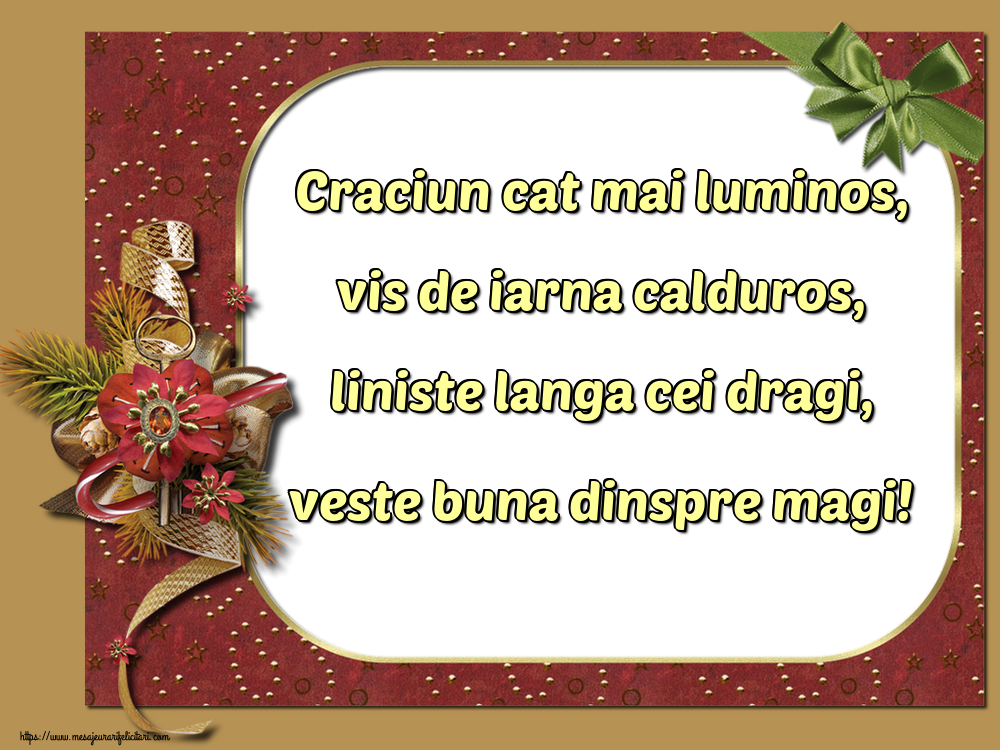 Craciun cat mai luminos, vis de iarna calduros, liniste langa cei dragi, veste buna dinspre magi!