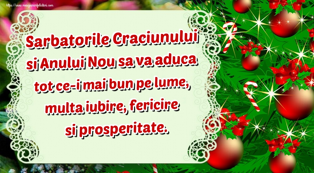 Sarbatorile Craciunului si Anului Nou sa va aduca tot ce-i mai bun pe lume, multa iubire, fericire si prosperitate.
