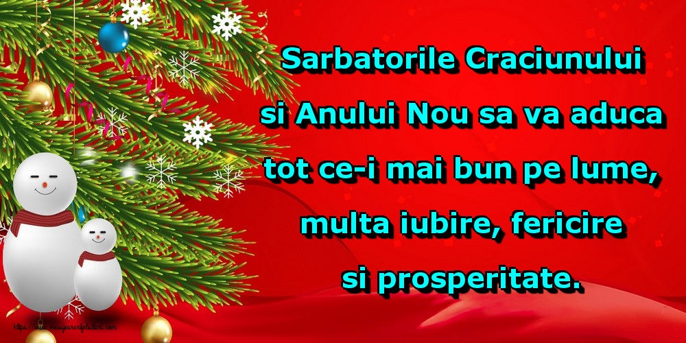 Sarbatorile Craciunului si Anului Nou sa va aduca tot ce-i mai bun pe lume, multa iubire, fericire si prosperitate.