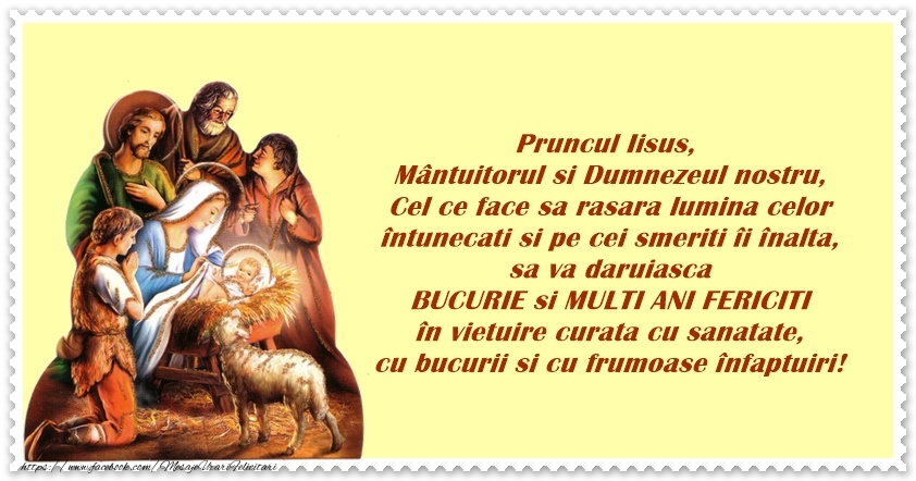 Pruncul Iisus, Mantuitorul si Dumnezeul nostru, Cel care face sa rasara lumina celor intunecati si pe cei smeriti ii inalta, sa va daruiasca BUCURIE si MULTI ANI FERICITI in vietuire curata cu sanatate si cu frumoase infaptuiri!
