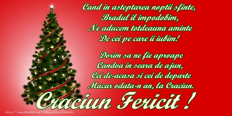 Craciun Cand in asteptarea noptii sfinte, Bradul il impodobim, Ne aducem totdeauna aminte De cei pe care ii iubim! Dorim sa ne fie aproape Candva in seara de ajun, Cei de-acasa si cei de departe Macar odata-n an, la Craciun! Craciun Fericit!