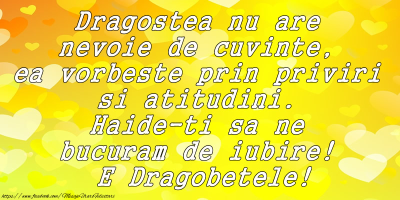 Dragostea nu are nevoie de cuvinte, ea vorbeste prin priviri si atitudini. Haide-ti sa ne bucuram de iubire! E Dragobetele!