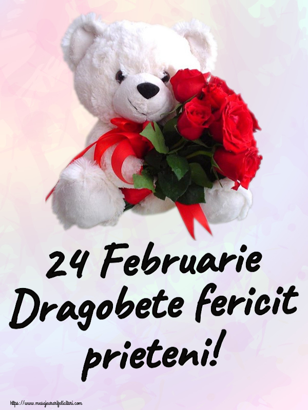 Felicitari de Dragobete - 24 Februarie Dragobete fericit prieteni! ~ ursulet alb cu trandafiri rosii - mesajeurarifelicitari.com