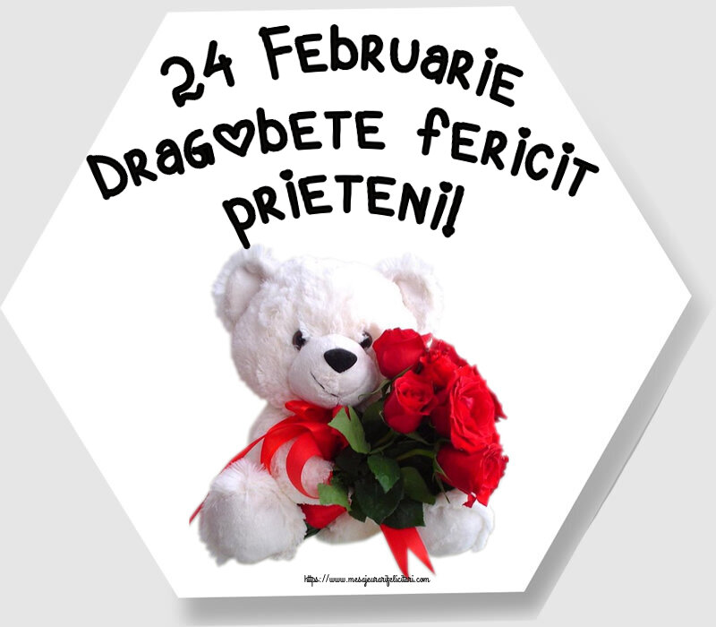 Felicitari de Dragobete - 24 Februarie Dragobete fericit prieteni! ~ ursulet alb cu trandafiri rosii - mesajeurarifelicitari.com