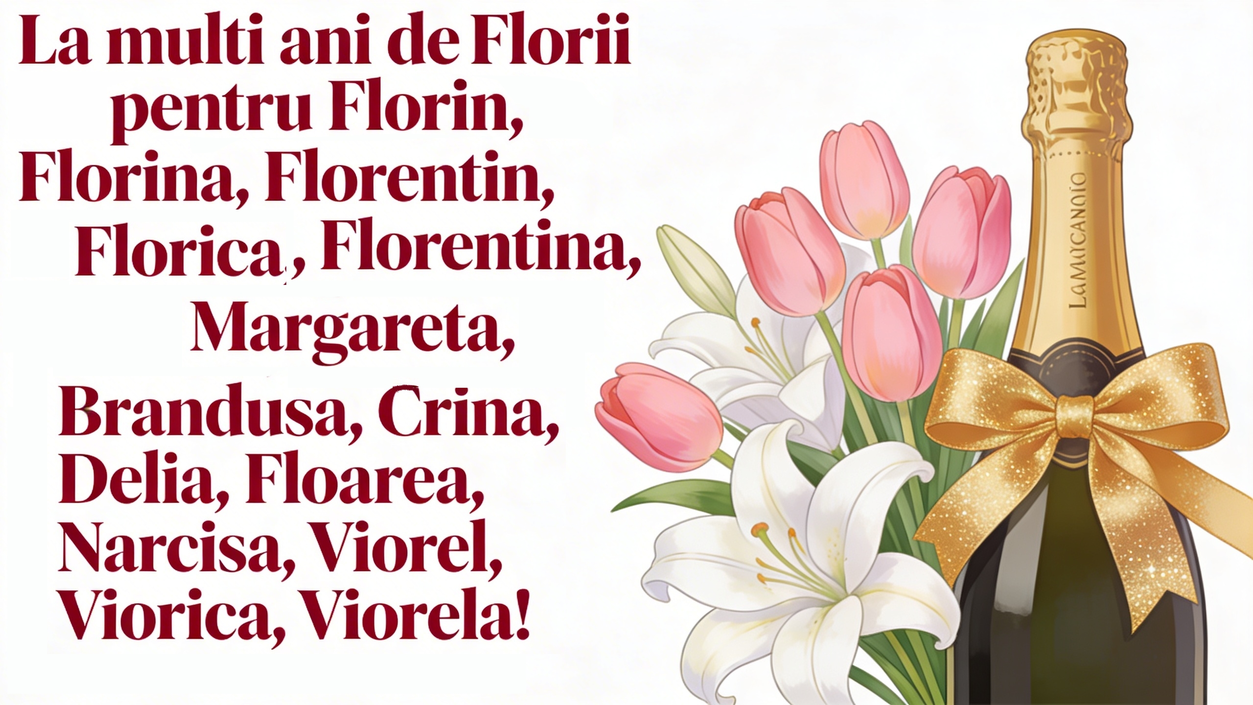 La multi ani de Florii pentru Florin, Florina, Florentin, Florentina, Florica, Margareta, Brandusa, Crina, Delia, Floarea, Narcisa, Viorel, Viorica, Viorela!