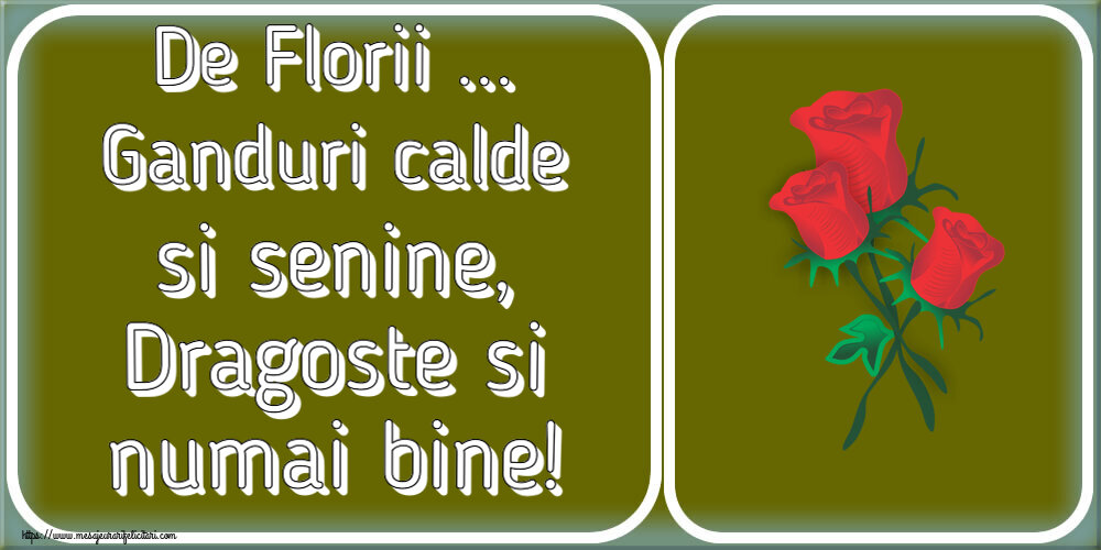 De Florii ... Ganduri calde si senine, Dragoste si numai bine! ~ trei trandafiri roșii desenați