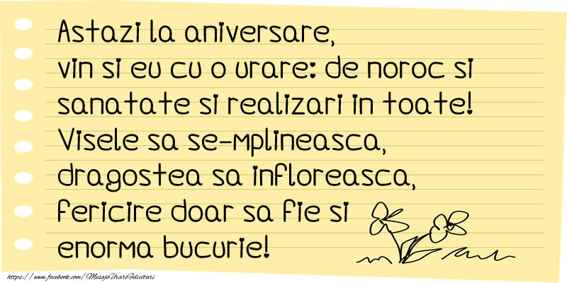 Felicitari de la multi ani - Astazi la aniversare, vin si eu cu o urare: de noroc si  sanatate si realizari in toate! - mesajeurarifelicitari.com