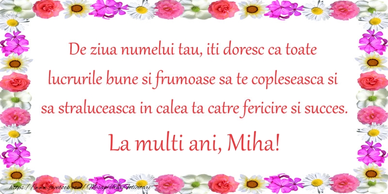 De ziua numelui tau, iti doresc ca toate lucrurile bune si frumoase sa te copleseasca si sa straluceasca in calea ta catre fericire si succes. La Multi Ani Miha!