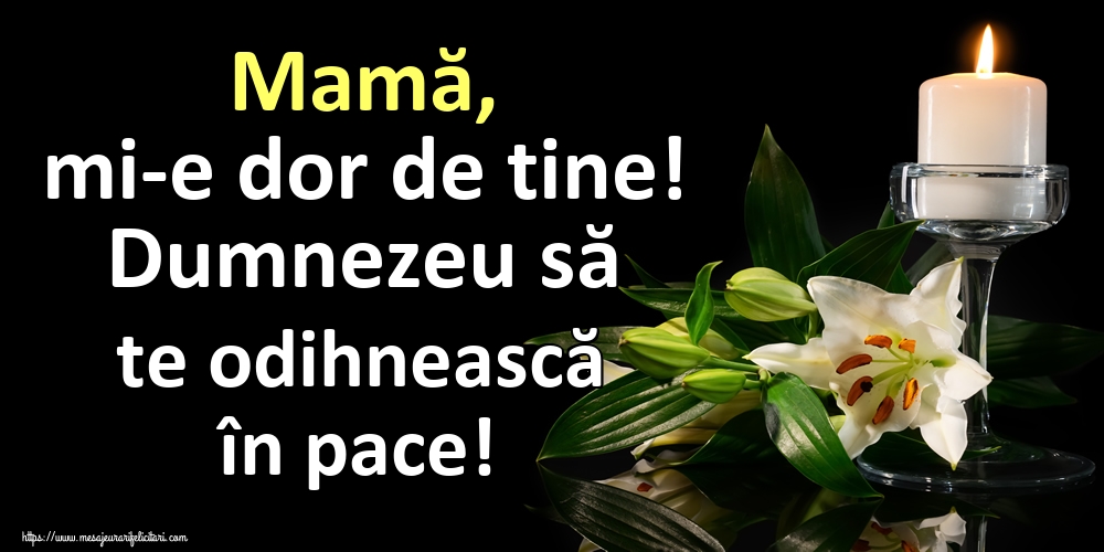 Mamă, mi-e dor de tine! Dumnezeu să te odihnească în pace!