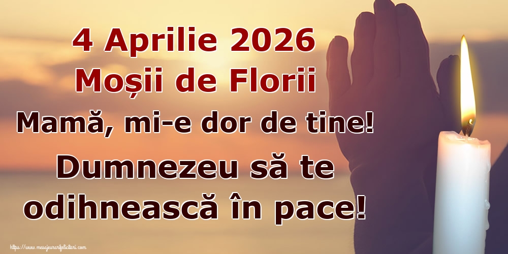 4 Aprilie 2026 Moșii de Florii Mamă, mi-e dor de tine! Dumnezeu să te odihnească în pace!
