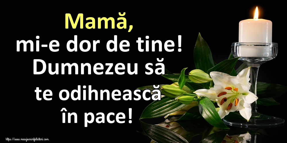 Mamă, mi-e dor de tine! Dumnezeu să te odihnească în pace!