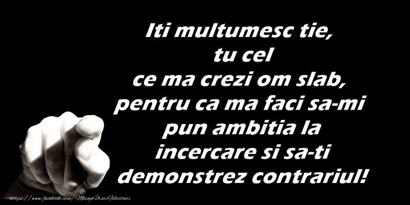 Iti multumesc tie, tu cel ce ma crezi om slab, pentru ca ma faci sa-mi pun ambitia la incercare si sa-ti demonstrez contrariul!