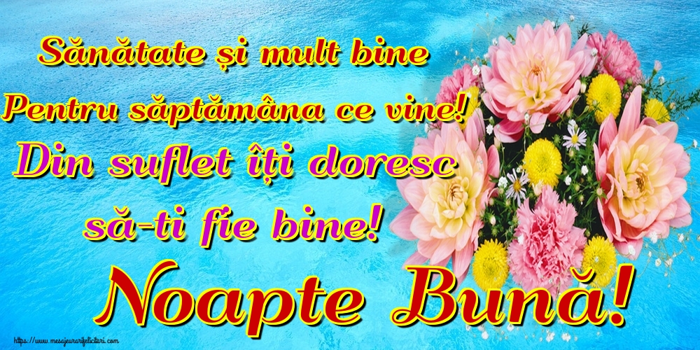 Sănătate și mult bine Pentru săptămâna ce vine! Din suflet îți doresc să-ti fie bine! Noapte Bună!