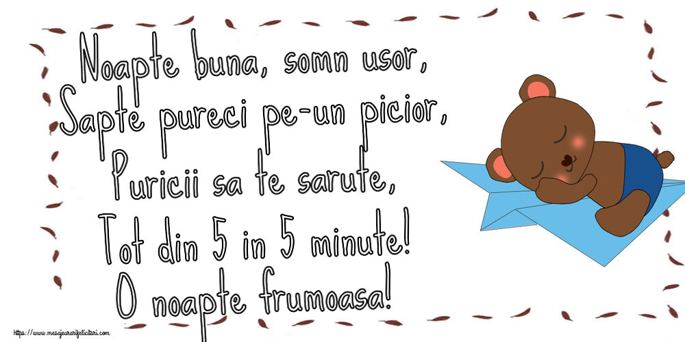 Noapte buna, somn usor, Sapte pureci pe-un picior, Puricii sa te sarute, Tot din 5 in 5 minute! O noapte frumoasa!