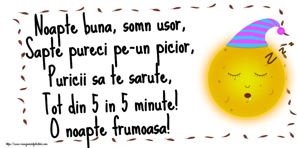 Noapte buna Noapte buna, somn usor, Sapte pureci pe-un picior, Puricii sa te sarute, Tot din 5 in 5 minute! O noapte frumoasa!