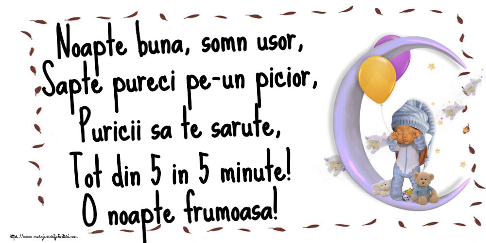 Noapte buna Noapte buna, somn usor, Sapte pureci pe-un picior, Puricii sa te sarute, Tot din 5 in 5 minute! O noapte frumoasa!