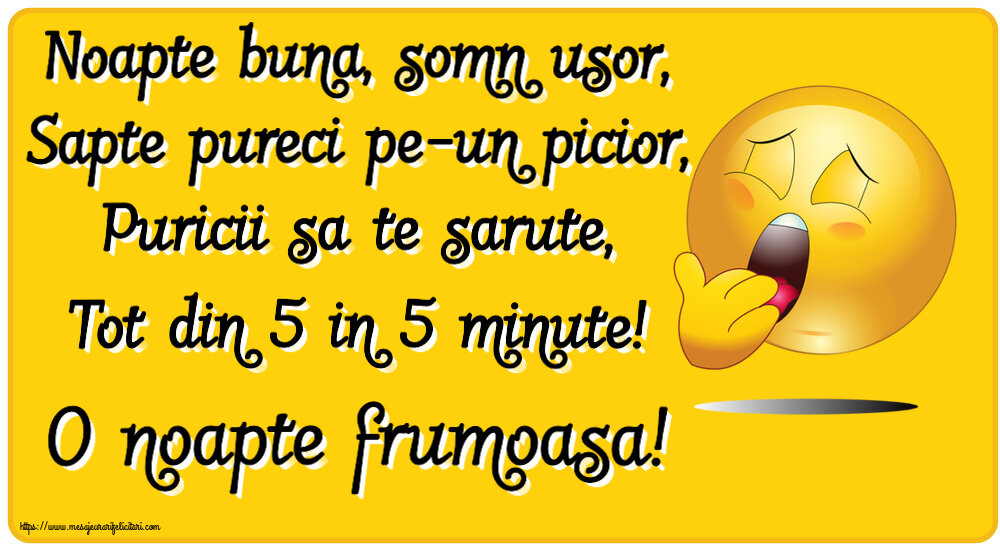 Noapte buna Noapte buna, somn usor, Sapte pureci pe-un picior, Puricii sa te sarute, Tot din 5 in 5 minute! O noapte frumoasa!