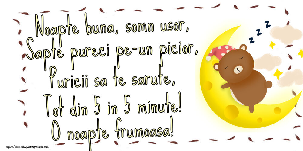 Noapte buna Noapte buna, somn usor, Sapte pureci pe-un picior, Puricii sa te sarute, Tot din 5 in 5 minute! O noapte frumoasa!