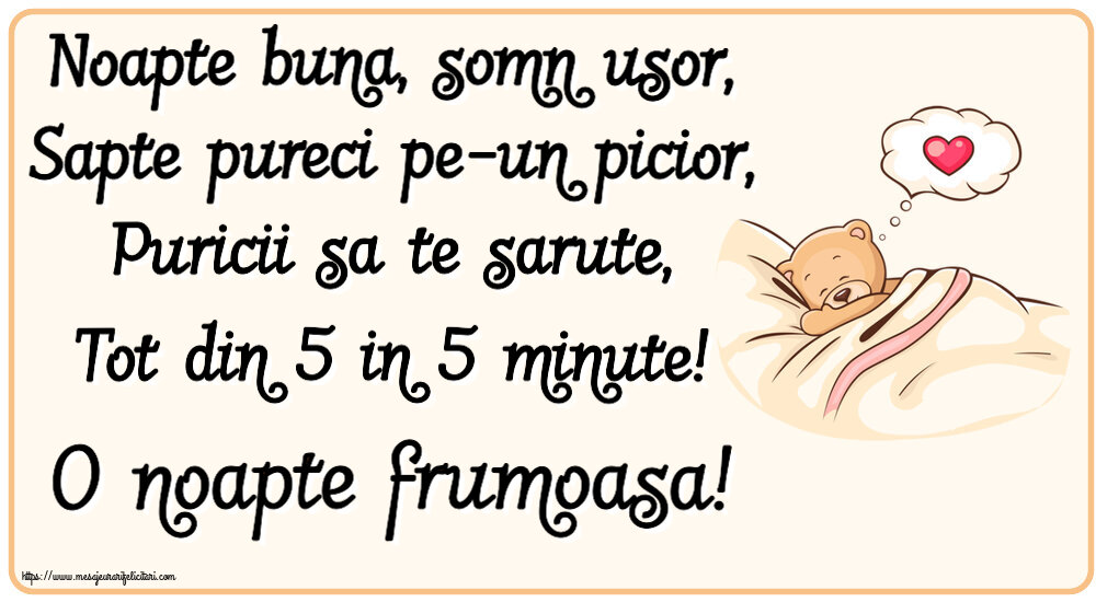 Noapte buna, somn usor, Sapte pureci pe-un picior, Puricii sa te sarute, Tot din 5 in 5 minute! O noapte frumoasa!