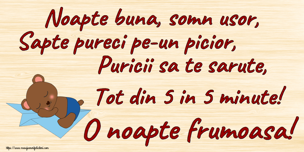 Noapte buna, somn usor, Sapte pureci pe-un picior, Puricii sa te sarute, Tot din 5 in 5 minute! O noapte frumoasa!