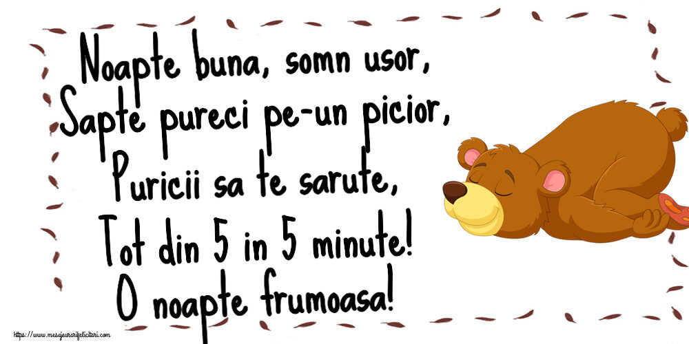 Noapte buna, somn usor, Sapte pureci pe-un picior, Puricii sa te sarute, Tot din 5 in 5 minute! O noapte frumoasa!