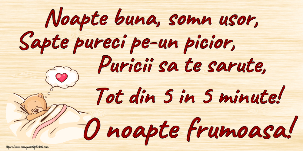 Noapte buna Noapte buna, somn usor, Sapte pureci pe-un picior, Puricii sa te sarute, Tot din 5 in 5 minute! O noapte frumoasa!